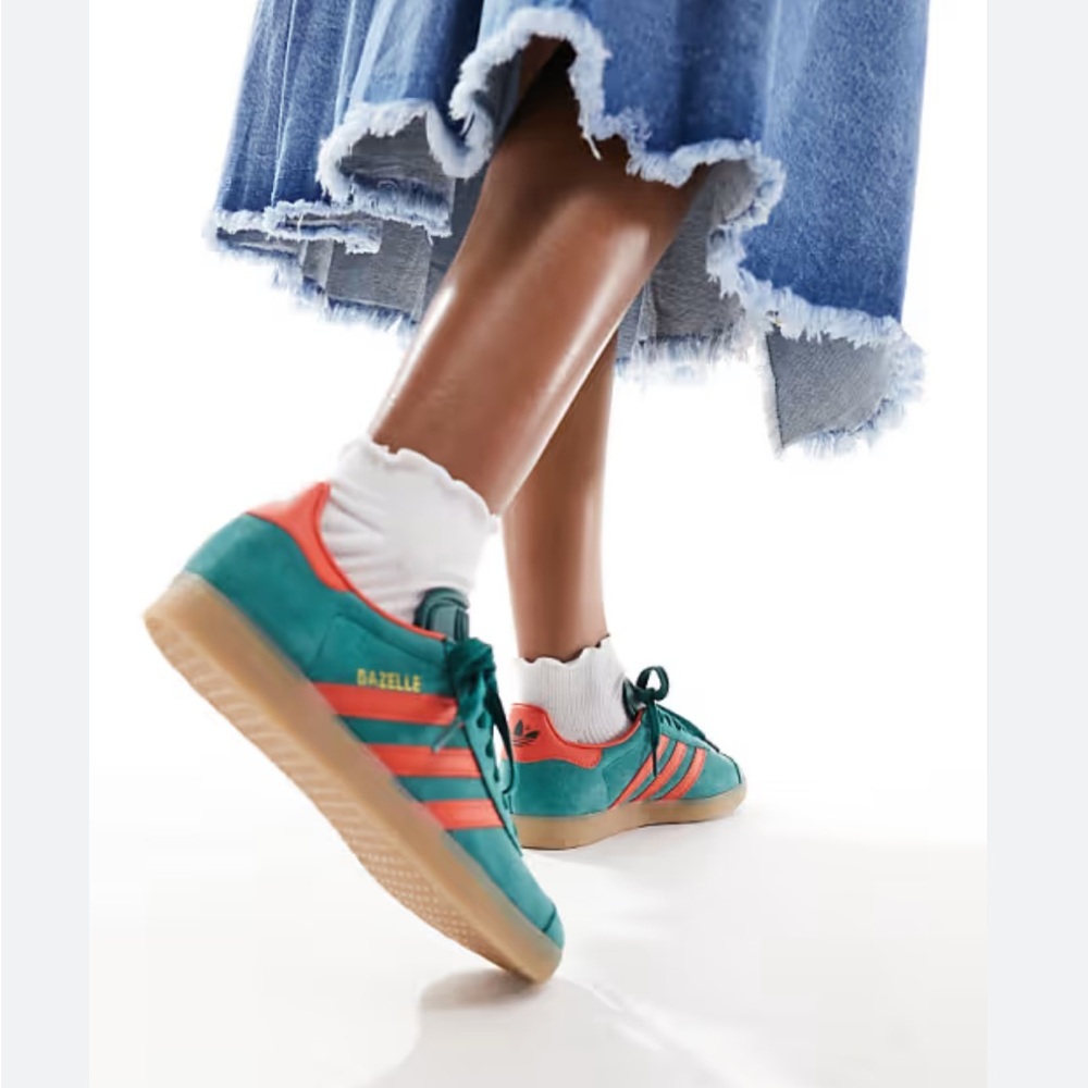 Adidas Originals Gazelle J Kids Casual Shoes Size 6.5Y Green/Orange 8W